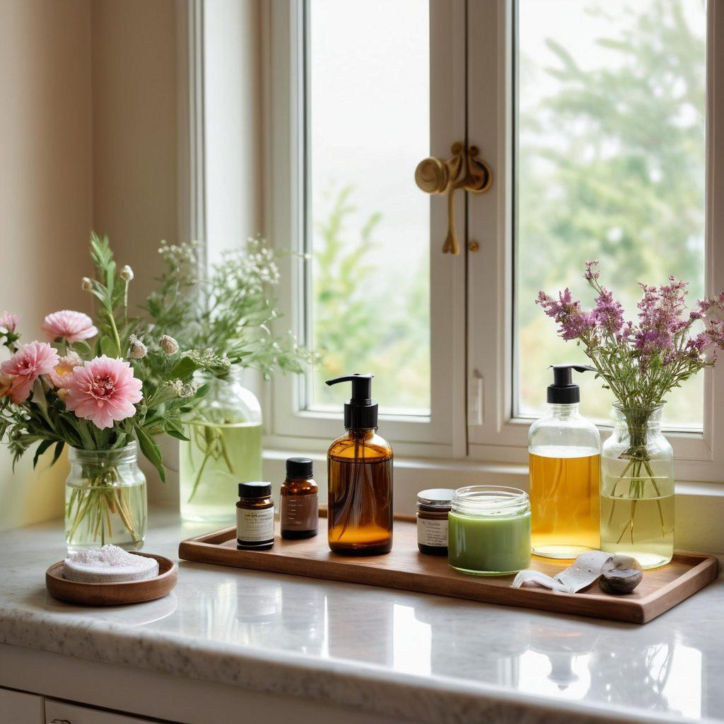 A serene bathroom setting with a large window allowing soft sunlight to pour in. On the countertop, various natural skincare products made from herbs and plants, surrounded by fresh flowers and delicate crystals. An inviting cup of herbal tea sits beside a small mirror, reflecting a tranquil vibe. Moisturizing oils with vibrant colors enhance the atmosphere, evoking a sense of joy and self-care. Soft pastel colors with a touch of greenery, ethereal glow. super-realistic. vibrant colors. natural lighting.