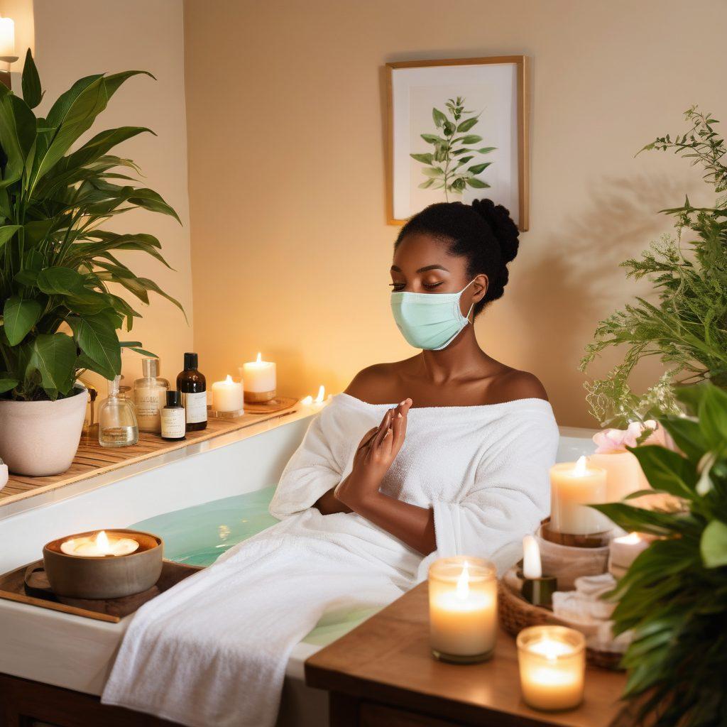 A serene spa scene featuring organic skincare products from Aloette, surrounded by lush greenery and soft candlelight. Highlight a peaceful ambiance with a person enjoying a face mask, showcasing natural beauty and self-care rituals. Include delicate floral accents and a soothing color palette of greens and creams. painting. soft lighting. vibrant colors.